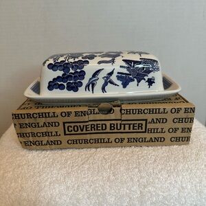 Churchill of England Blue and White Covered Butter Dish, New in Box VTG